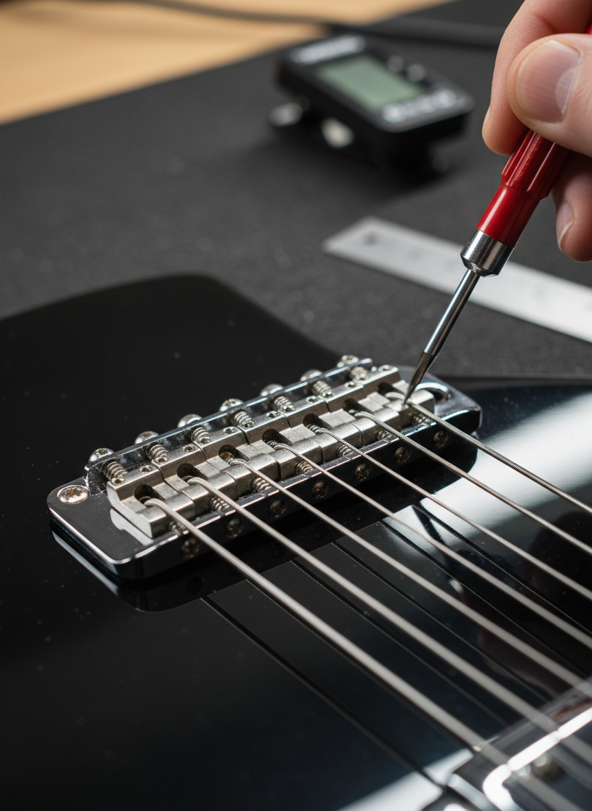 A macro photographic close-up of a guitar bridge and saddle during an intonation adjustment. The focus is on a chrome electric guitar bridge with individual saddles, each meticulously aligned, with a small screwdriver poised near a saddle screw. Fine details like clean screw heads, smooth string paths, and a polished body finish free of scratches are sharply rendered. The guitar rests on a dark, padded work surface with a compact tuner and a small ruler blurred in the background. Bright, directional bench lighting from the upper left creates precise highlights on the metal and soft reflections in the lacquer. The composition uses extreme shallow depth of field, creating an intimate, technical, and highly professional mood that showcases exacting service quality.