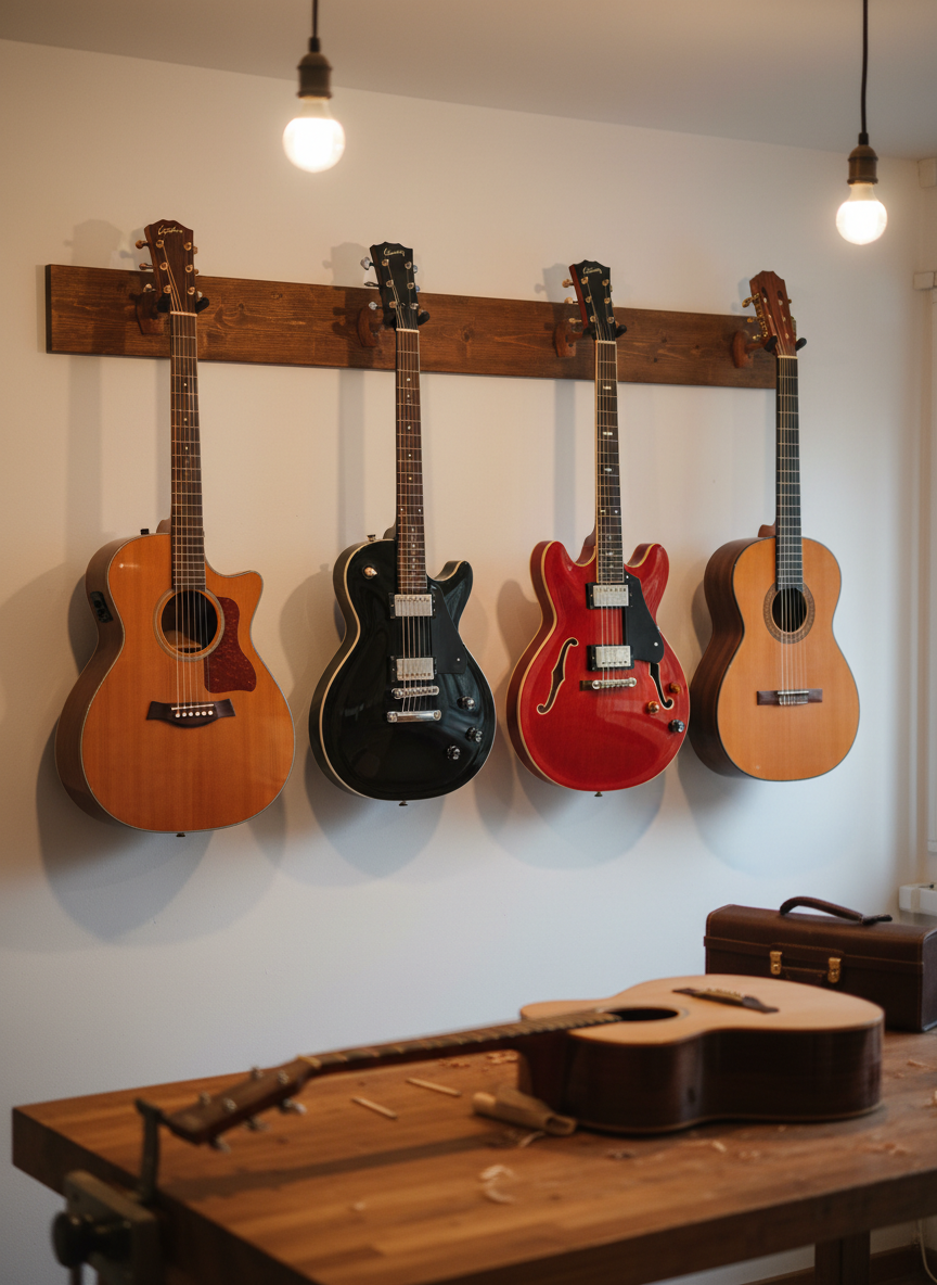 A photographic realism image of a row of finished guitars displayed on a wall-mounted wooden rack inside a tidy lutherie workshop. The lineup includes various body shapes and finishes: a natural mahogany dreadnought, a sleek black solid-body electric, a sunburst semi-hollow, and a classical guitar with a matte cedar top. Soft, warm ceiling lights create gentle highlights on the polished finishes and cast soft shadows down the wall. In the foreground, slightly out of focus, a bench with a single instrument in a neck cradle and a closed toolkit suggests ongoing work. Shot at eye level with a moderate depth of field, the composition feels balanced and welcoming, projecting professionalism, pride in completed repairs, and the variety of instruments serviced.