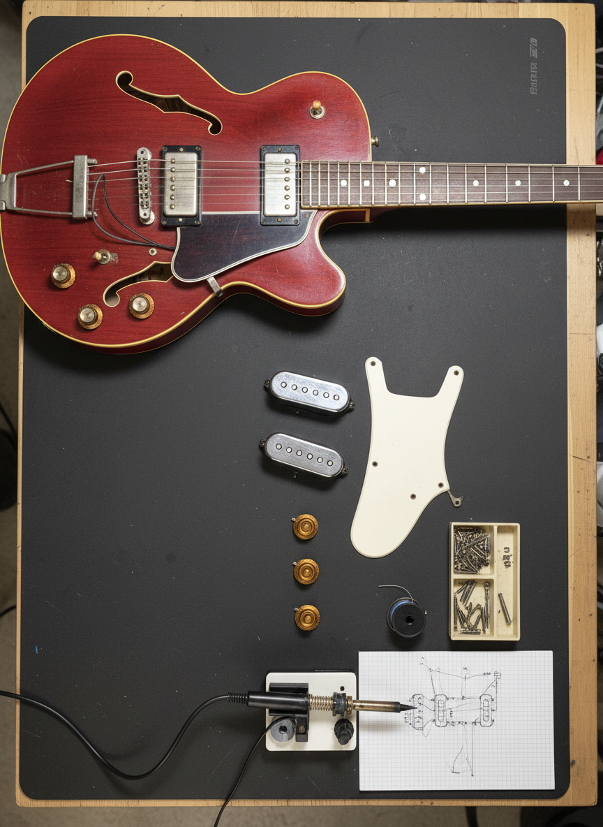 An overhead photographic shot of a luthier’s bench featuring a partially disassembled vintage hollow-body guitar in rich cherry red. The pickguard, pickups, and control knobs are carefully arranged beside the instrument on a clean, dark rubber mat, along with a soldering station, labeled parts tray, and wiring diagram sketch. Neutral, bright shop lighting evenly illuminates the scene, bringing out the fine grain of the maple top and the aged patina on the hardware. The composition uses asymmetrical balance, with the guitar body dominating one side and neatly aligned tools and components on the other. The mood is methodical and professional, emphasizing detailed electronics repair and thoughtful organization without clutter, suitable for a trusted guitar repair business.