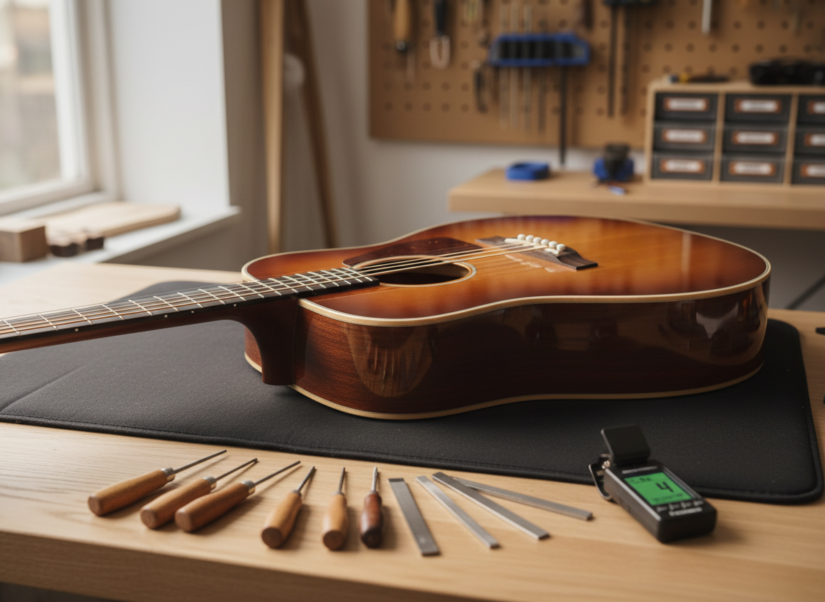A meticulously restored sunburst acoustic guitar resting on a padded repair bench in a clean, organized lutherie workshop. The camera focuses on the glossy spruce top and rosewood bridge, capturing hairline-free lacquer and perfectly polished frets. Around it, neatly arranged tools—nut files, feeler gauges, and a precision tuner—sit on a light oak surface. Soft, diffused daylight from a nearby window mixes with warm overhead shop lighting, creating gentle reflections on the finish and subtle shadows under the instrument. Photographic realism, eye-level composition with shallow depth of field keeps the guitar in sharp focus while the background pegboard, hanging clamps, and labeled drawers blur into a professional, calm atmosphere that conveys trust and expert care.