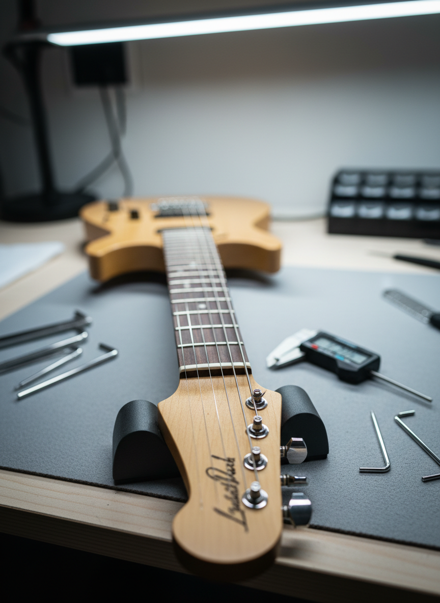 A close-up photographic view of an open guitar on a bench during a setup, showing the fretboard, strings, and headstock of a natural-finish electric guitar. The camera is angled along the neck, highlighting precisely leveled frets, an adjusted truss rod access, and a freshly cut bone nut with smooth, clean slots. The guitar lies on a gray neck rest over a tidy work mat, surrounded by calipers, hex keys, and a digital action gauge. Cool, even LED bench lighting casts crisp reflections along the strings and subtle shadows at the fret ends. The depth of field is shallow, with the nut and first frets in razor focus, emphasizing hands-on precision and professional guitar repair craftsmanship in a modern, organized workshop setting.